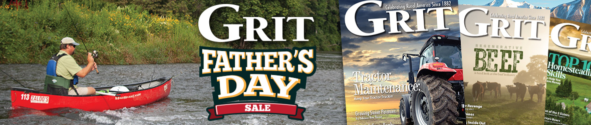 Grit Father?s Day Sale banner featuring a man fishing in a kayak and three Grit magazine covers.